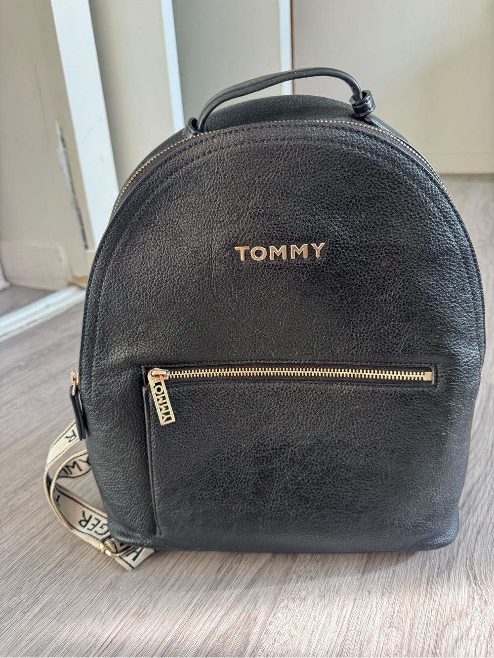 Tommy Hilfiger Black Leather Mini Backpack with Gold Hardware